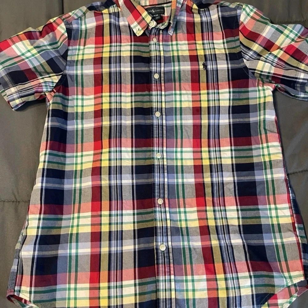 Ralph Lauren Plaid Shirt Boys XL (18-20) Blue Red Short Sleeve Button Down